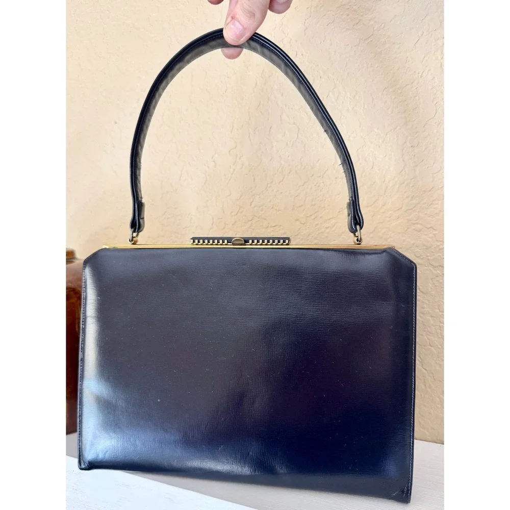 VINTAGE I. MAGNIN & CO. NAVY BLUE LEATHER TOP HANDLE FRAME‎ HANDBAG PURSE